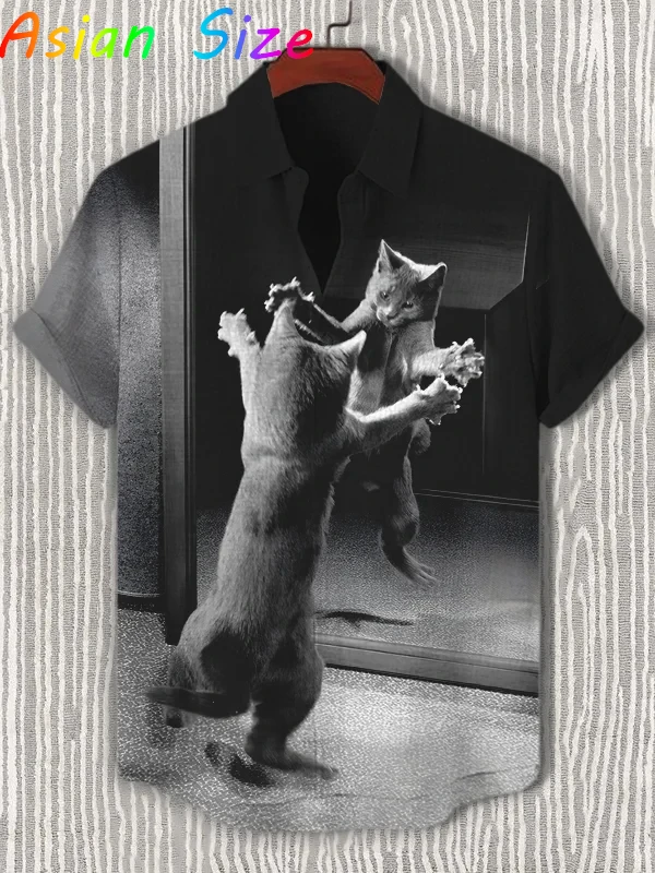 

Гавайские рубашки Мужская рубашка с принтом кота-мема Модная рубашка с короткими рукавами на пуговицах Крутой дизайн Гавайская рубашка унисекс с лацканами