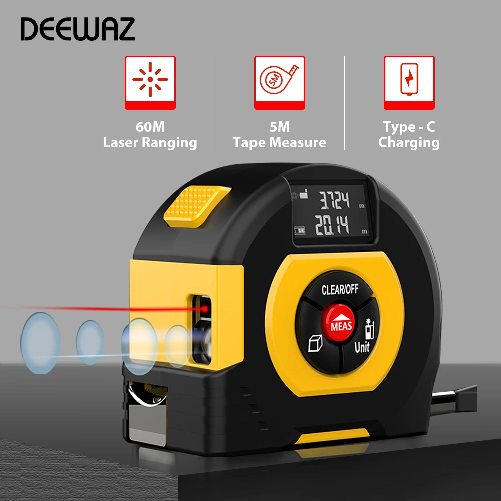 

Deewaz Rechargeable Digital 60m Laser Distance Meter 5m Tape Measure Professional Rangefinder