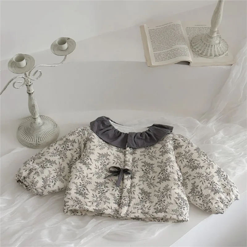 Newborn Baby Girl Bow Design Floral Cotton Padded Coat Infant Toddler Ruffle Collar Warm Thick Jacket Winter Baby Clothes 9M-2T