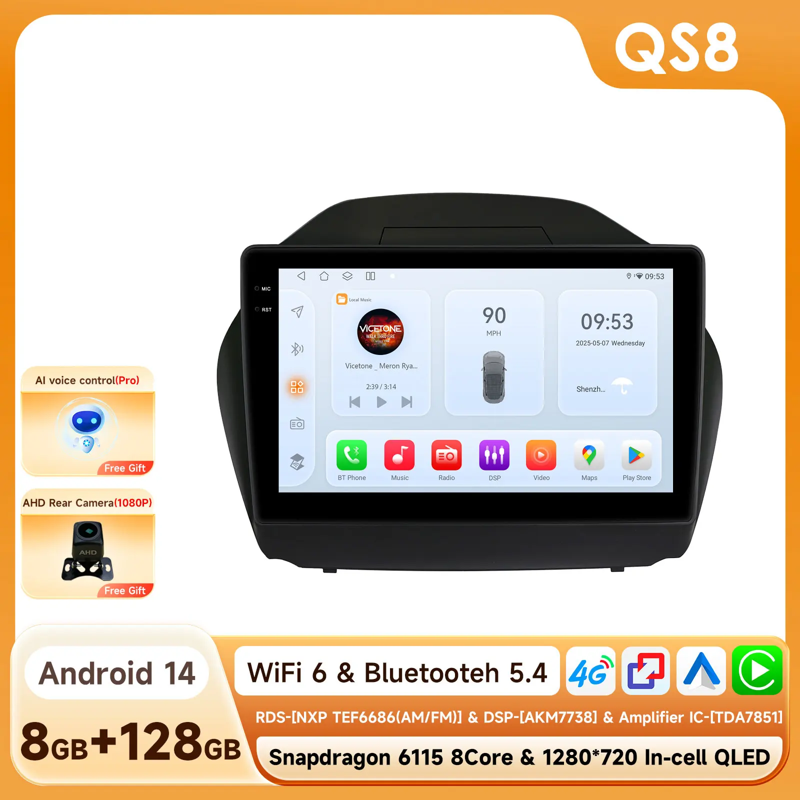 Hizpo 8-Core 2-DIN Android 14 autoradio voor Hyundai Tucson 2 IX35 2011 - 2017 met CarPlay, GPS, AI, 4G, BT5.4 door Qualcomm Snapdragon 6115