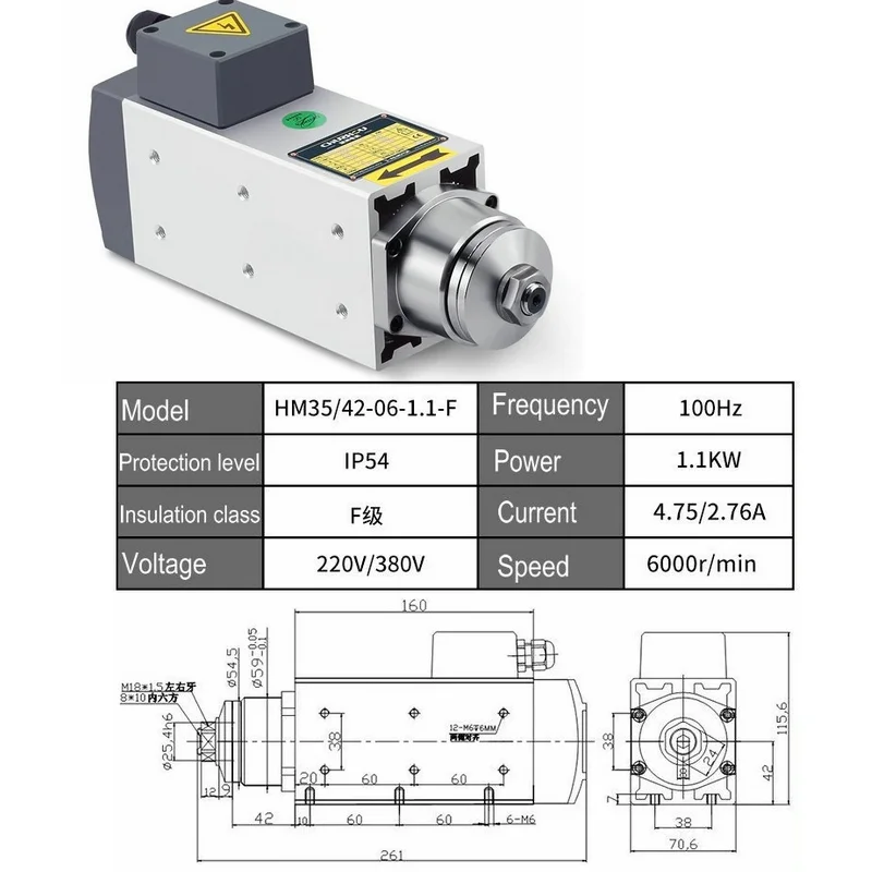 220V/380V1.1KW High-speed Motor Woodworking Saw Blade Grinding Wheel Clamping Spindle Air-cooled Three-phase Motor Accessories