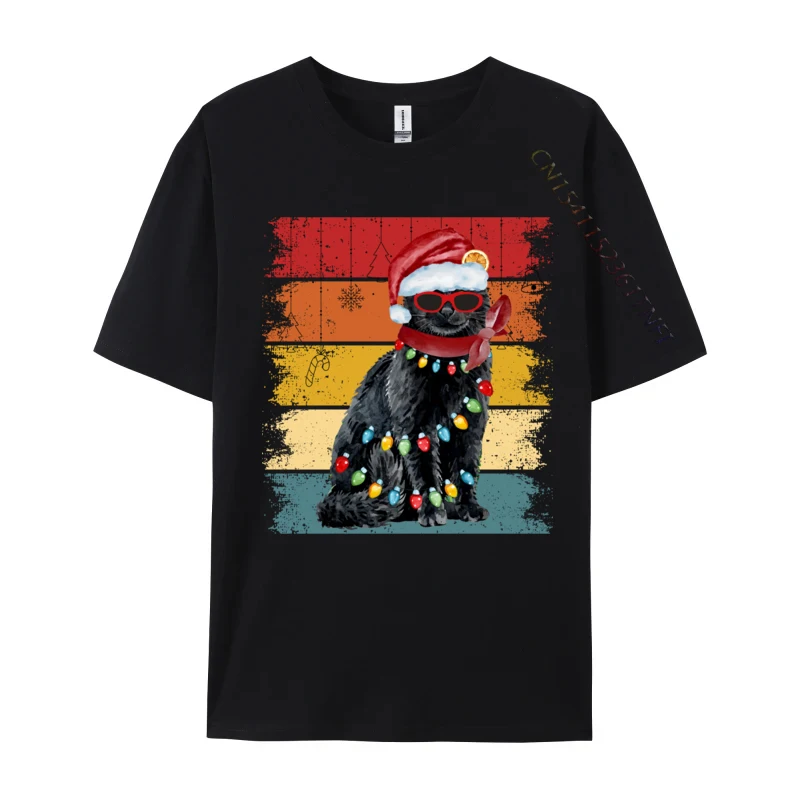 Vintage Black Cat Christmas Lights Cat Lover Christmas T-Shirts Tshirts For Men All Cotton Happy New Year Xmas T Shirt