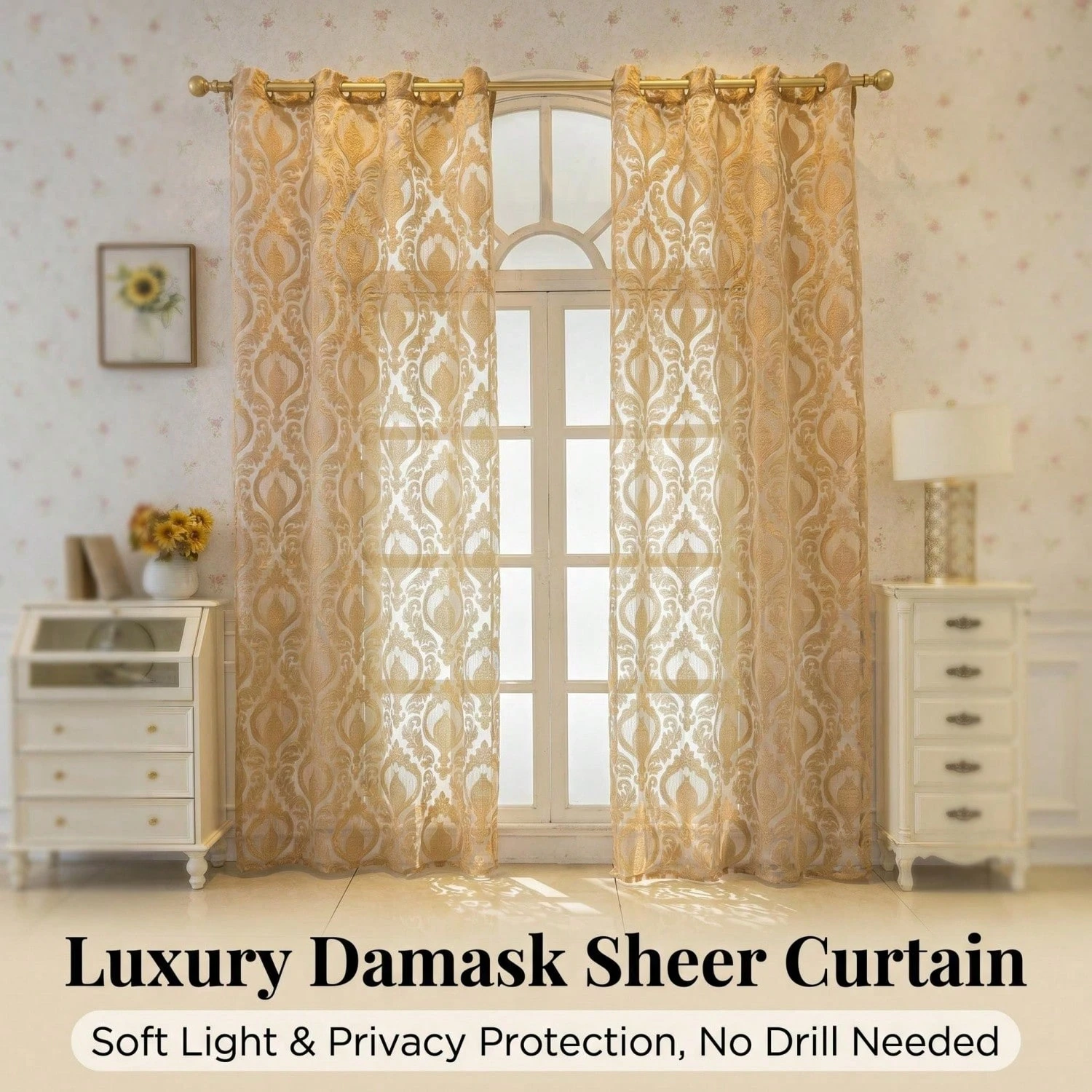 1pc Luxury Damask Sheer Curtain, Vintage Jacquard Semi Sheer Window Drape, Light Filtering Privacy Curtain for Living Room Bedro