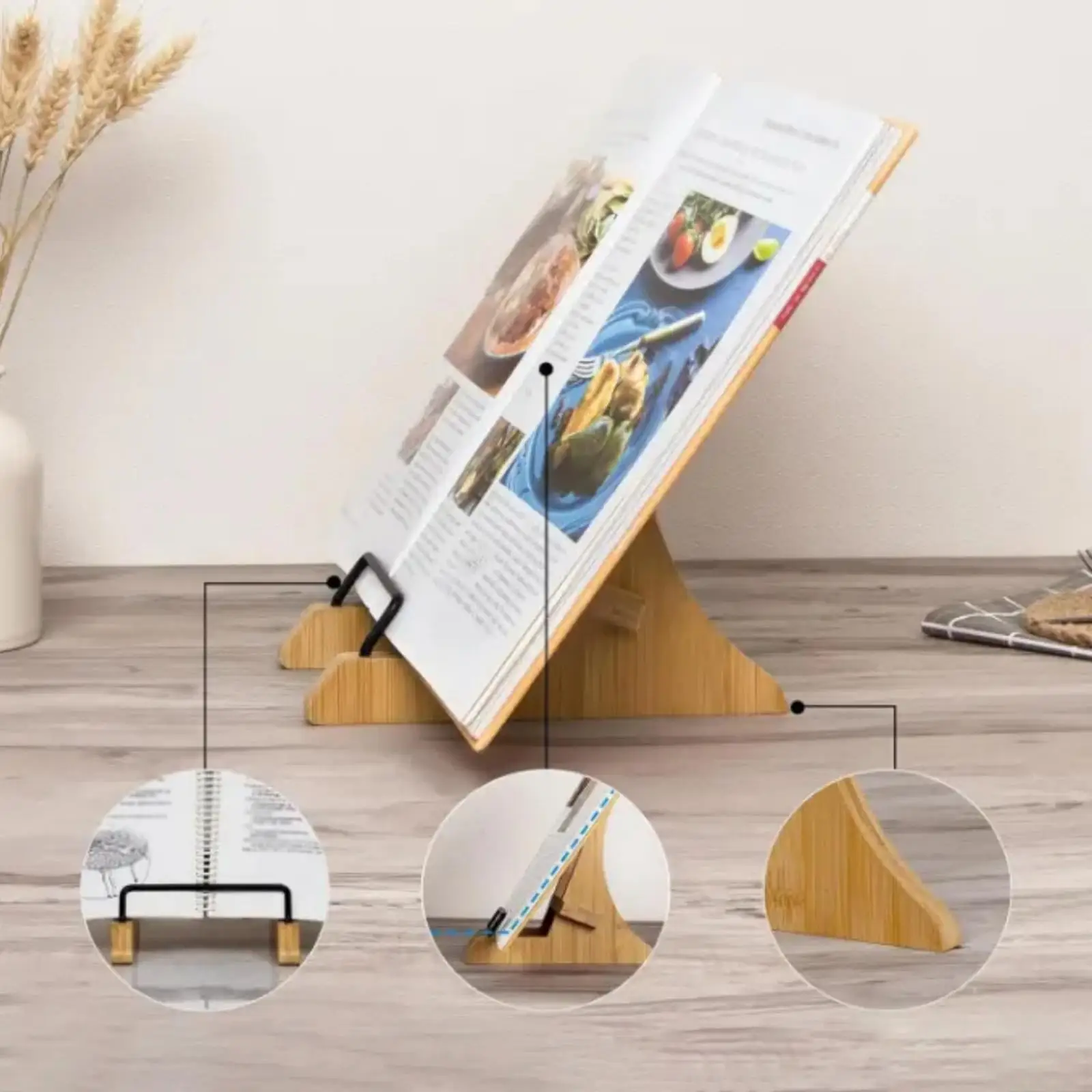 Bookstand Bookrest Multifunctional Office Rack Wooden Cookbook Holder for Kitchen Countertop Textbooks Reading Cooking Photo
