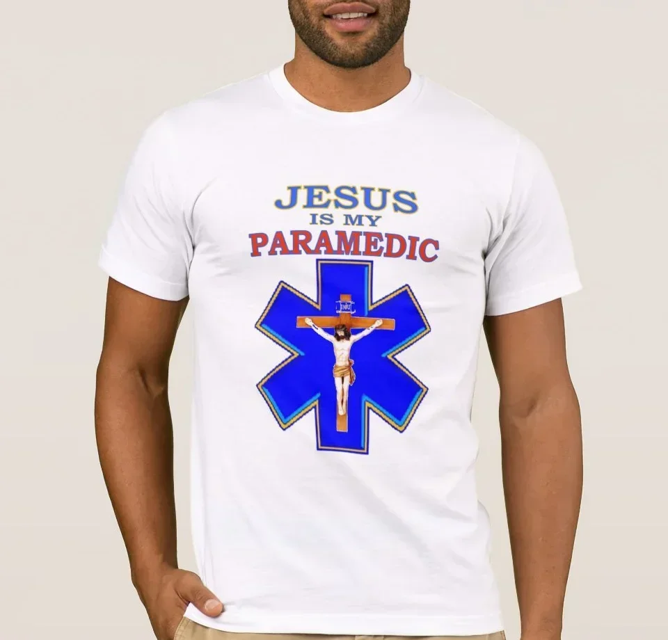 Jesus Is My Paramedic. Religious Belief Christ Star of Life Cross T-Shirt 100% Cotton O-Neck Short Sleeve Casual Mens T-shirt