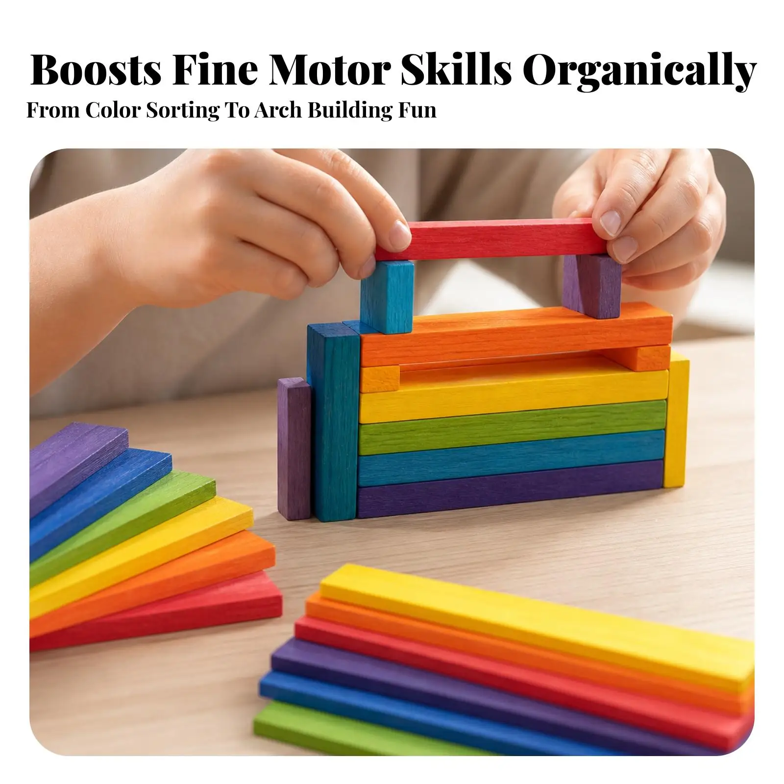 Wooden Building Blocks Rainbow Strip Basswood Children Educational Toy Spatial Awareness Color Sorting Classic Stacking for Home