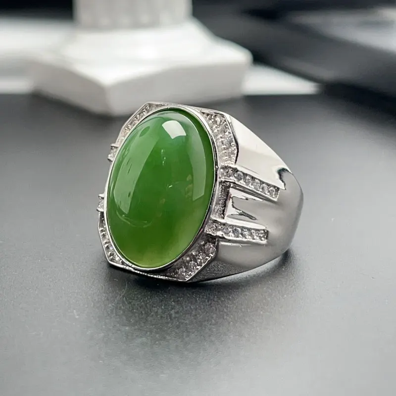 

Luxury 925 Silver Jade Ring for Men 13mm*18mm 15ct Natural Green Jade Silver Ring with 3 Layers 18K Gold Plated