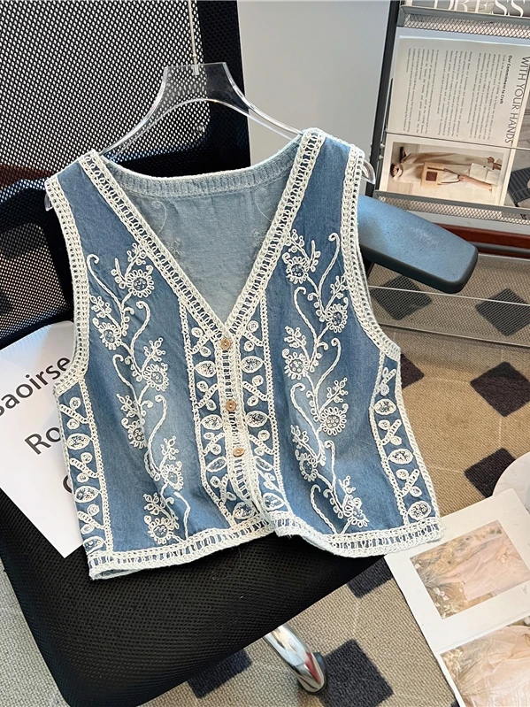 

Джинсовый жилет с этнической вышивкой V-Ne, свободный топ без рукавов, женский летний новый универсальный облегающий длинный топ на одной пуговице