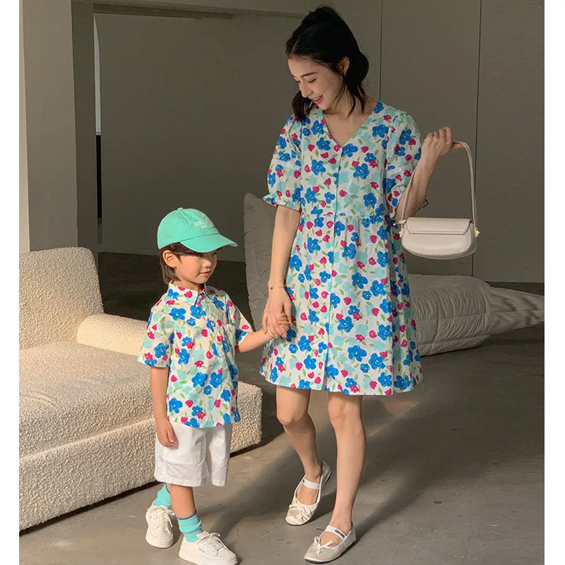 Vacation Look Mom Son Matching Clothes Mother and Daughter Girl Beach Resort Dress Women Dresses Baby Boys Shirts Sets Outfits