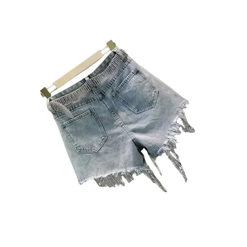 Shorts Jeans Elegant  Female Casual Solid Lady Tassel with Pockets Broken Hole Beading Summer High Waist Wide Leg Denim Shorts