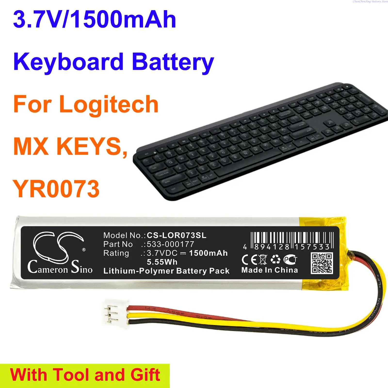 Cameron Sino 3.7V 1500mAh Keyboard Battery 533-000177 for Logitech MX KEYS, YR0073 +TOOL