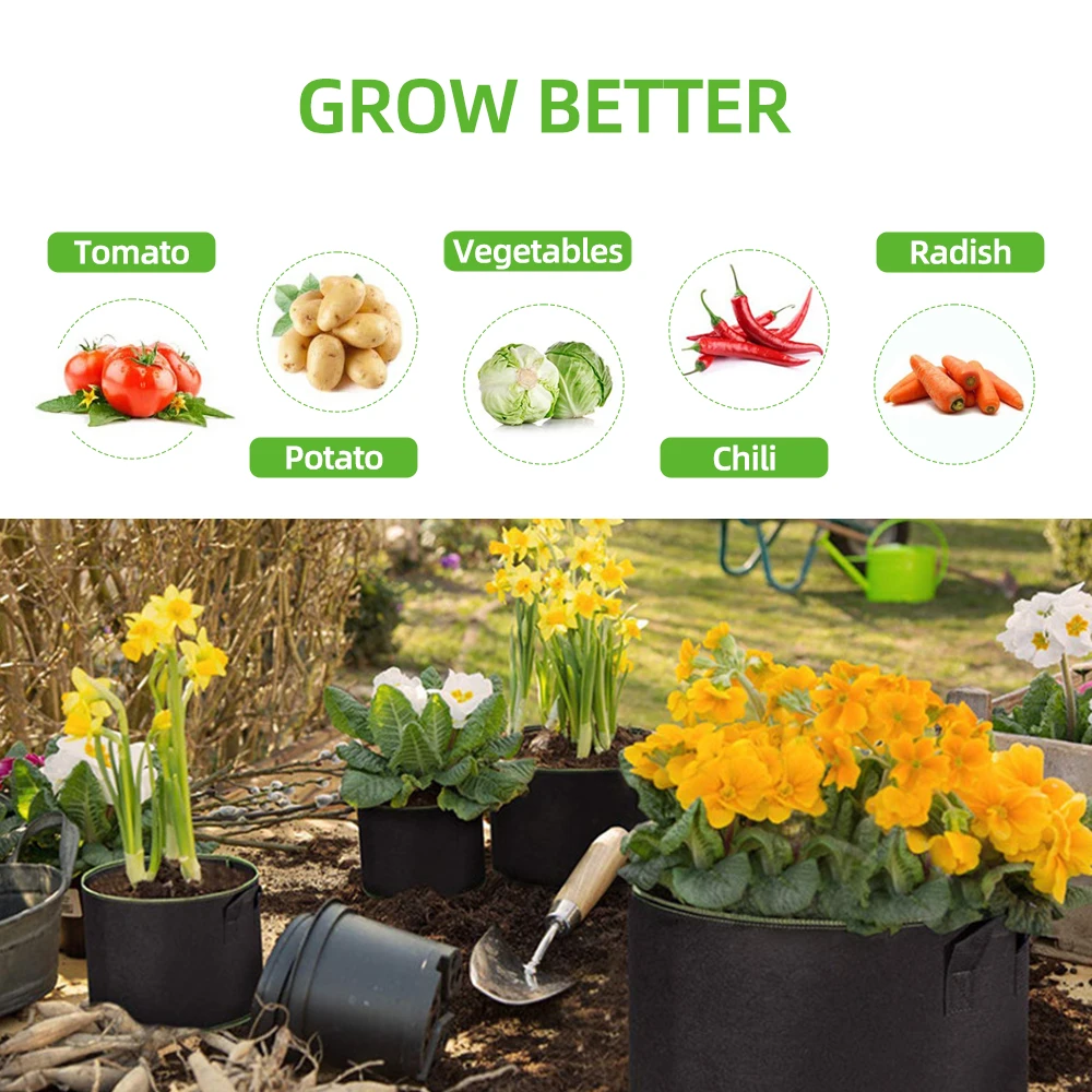 Jardinagem Feltro Crescer Sacos, Tecido Grow Pot, Tomate Vegetal, Plantador de tomate, Jardim Potato Planting Pots, 3 galões, 4 galões, 5 galões, 7