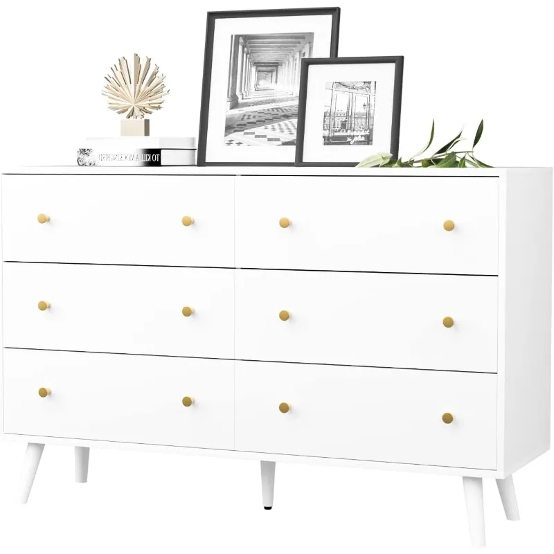

Dresser for Bedroom, Modern White Dresser with 6 Drawers, Wide Chest of Drawers with Gold Handles