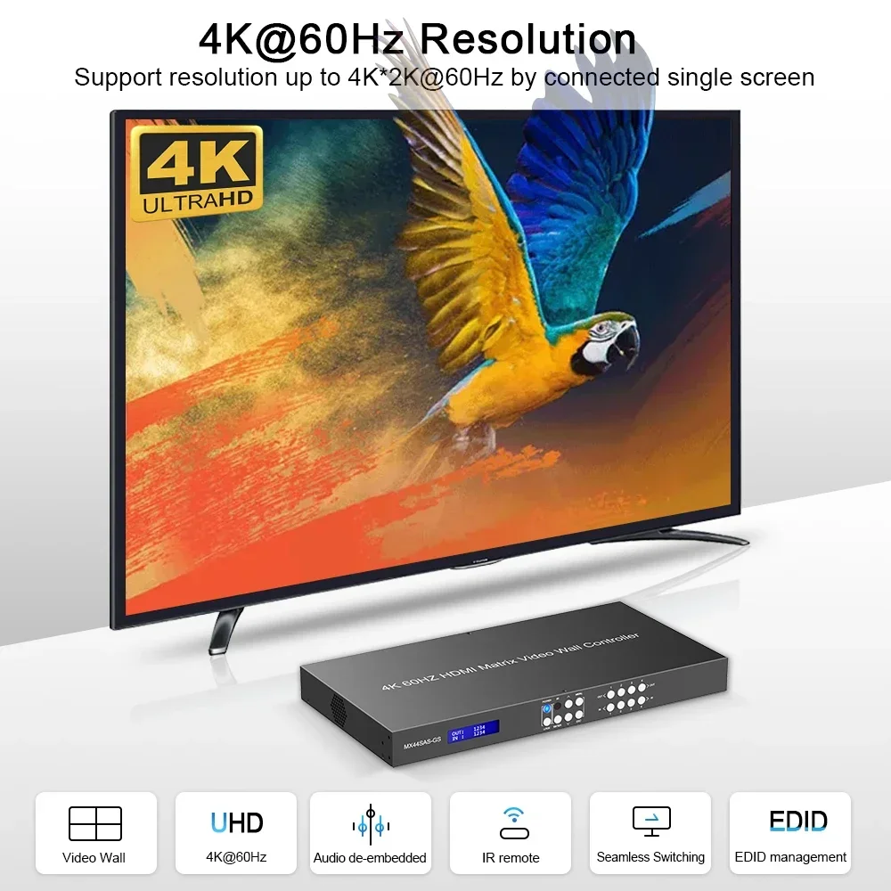 Conmutador de matriz 4x4 sin costuras 4K, controlador de pared de vídeo 2x2, multivisor 4x1 EDID 4K @ 60Hz, espejo 4 en 4 salidas, matriz UHD