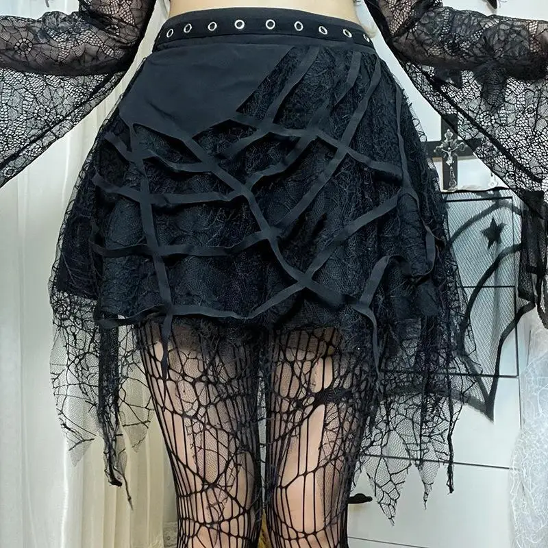 Y2k Aesthetic Lace Irregular Mini Skirts Women High Waist Patchwork Hollow Out Skirt Spring Harajuku Punk Grunge Fairy Faldas
