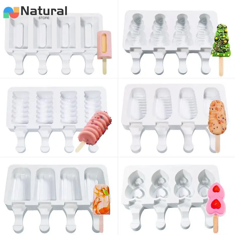 4 Cavities Christmas Tree Ice Cream Silicone Mold Stripes Diamond Love Shaped Mould Chocolate Cake Fondant Making Set Party Gift