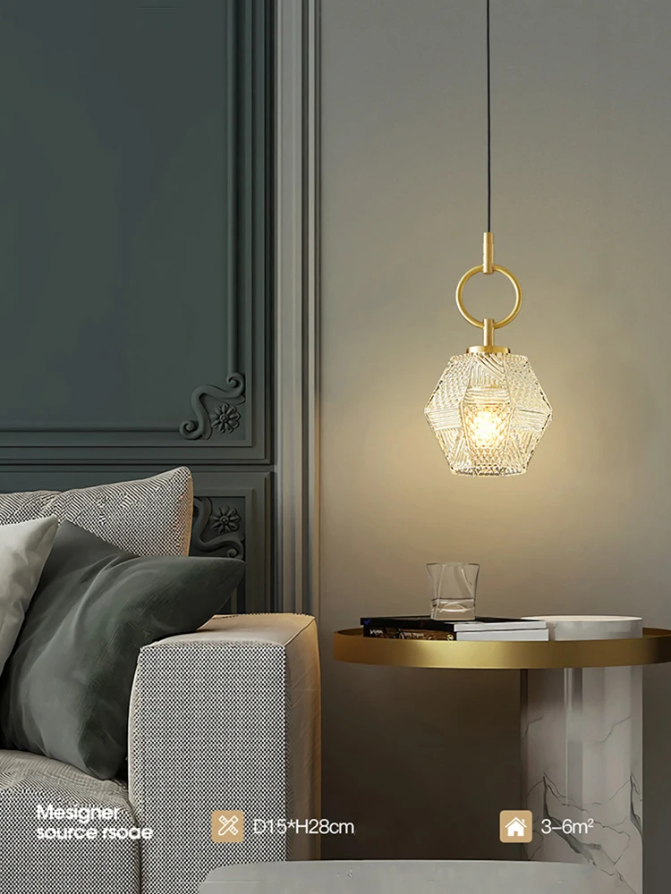 Brass Pendant Light with Diamond Glass Shade Bedsides Background Lighting Modern Ceiling Light for Living Room Canteen LED Light