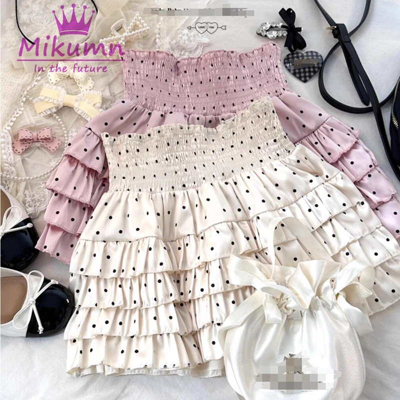 Mikumn Y2k Women Kawaii Lolita Style Cake Mini Skirt Harajuku Girls Cute Japanese Sweet Ruffles Polka Dot Print Pleated Skirts