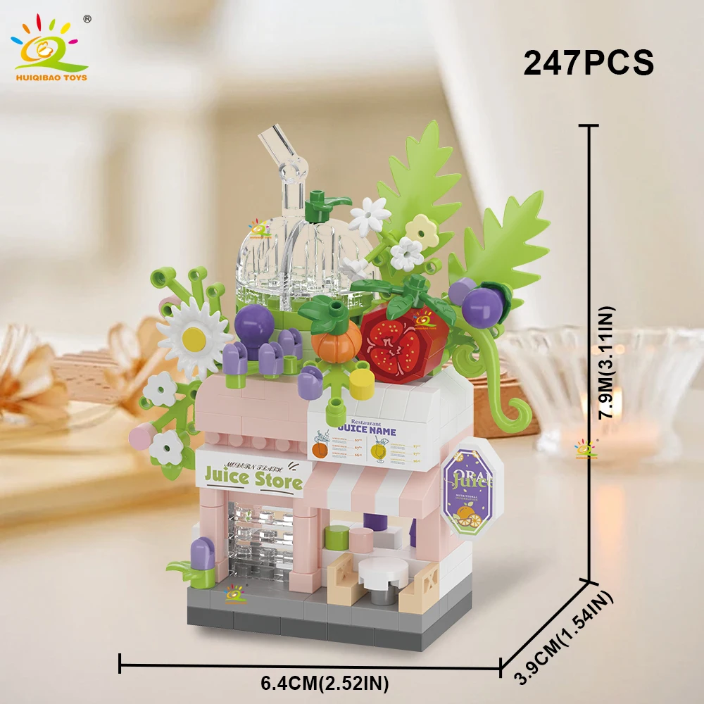 ตัวต่อไมโครบล็อก HUIQIBAO รุ่นร้านค้าน่ารัก แบบจำลองเบอร์เกอร์ ดอกไม้ทอด ของเล่นตัวต่อขนาดเล็กสำหรับเด็ก ตกแต่งโต๊ะทำงาน