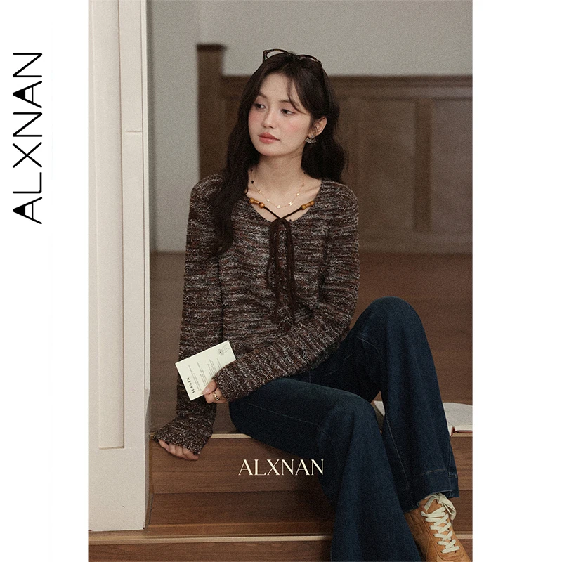 กางเกงยีนส์ทรงบานสีน้ำเงินเข้ม ALXNAN สำหรับผู้หญิง สไตล์วินเทจ เอวสูง ขากว้าง ทรงตรง ผ้าฝ้ายเดนิม ใส่สบายๆ ในฤดูใบไม้ร่วง รุ่น L57056