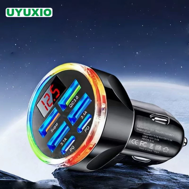 محول شاحن سيارة UYUXIO USB C مع شاشة عرض الجهد 6 في 1 متعدد المنافذ شحن سريع للغاية مع مقياس فولت لهاتف iPhone Samsung