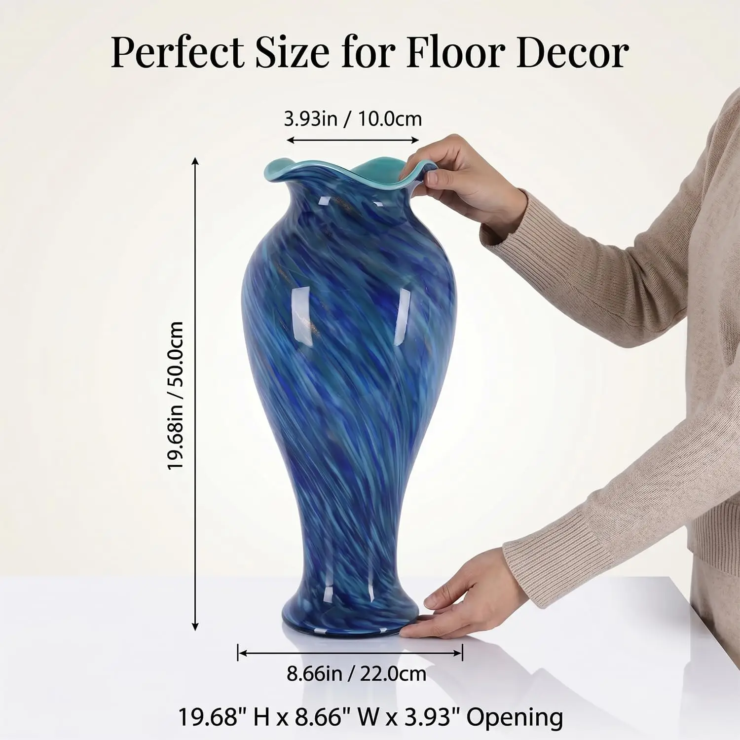 20-Inch Tall Handblown Glass Vase Featuring a Unique Ruffle Wide Mouth, Elegant Modern Glass Flower Decor Vase, Beautiful Colorful Vases for Home Living Room Bookshelves and High-End Wedding Centerpieces