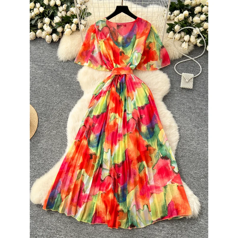 Boho feminino verão bandagem com decote em v floral impressão chiffon vestido longo ins casual plissado praia vestidos de férias elegante túnica