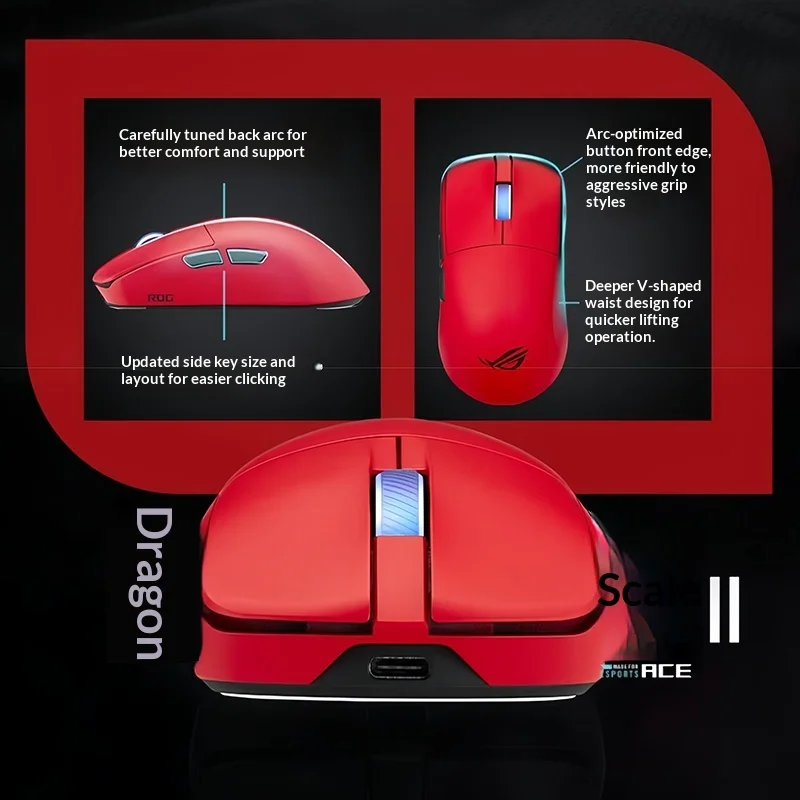 New ROG Dragon Scale 2 Ace Lava Red Lightweight 8K Wireless Gaming Esports Mouse 42K Sensor Professional Esports Hand Shape