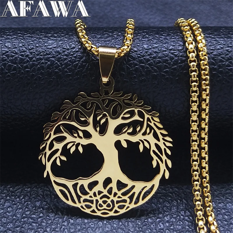 Fashion Tree of Life Round Necklace for Women Men Stainless Steel Gold Color Chain Necklaces Jewelry arbre de vie N3399S02