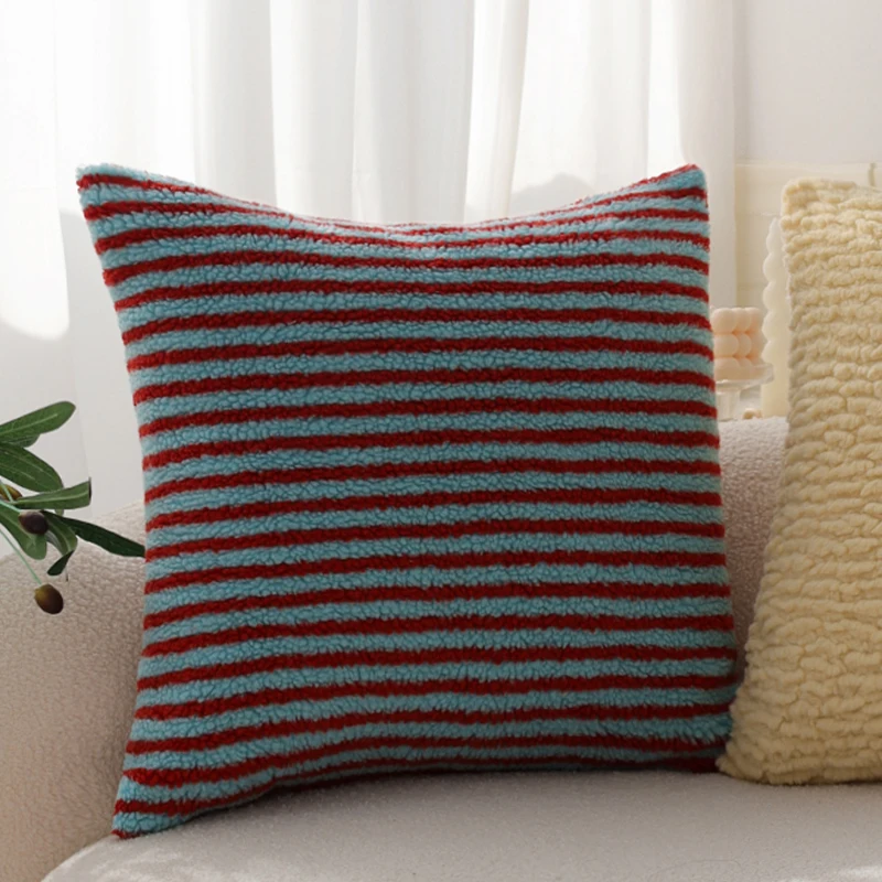 Red-blue Lines Contrasting Color Cushion Cover Plush Advanced for Personalized Home Decoration Living Room Sofa 45x45 Pillowcase