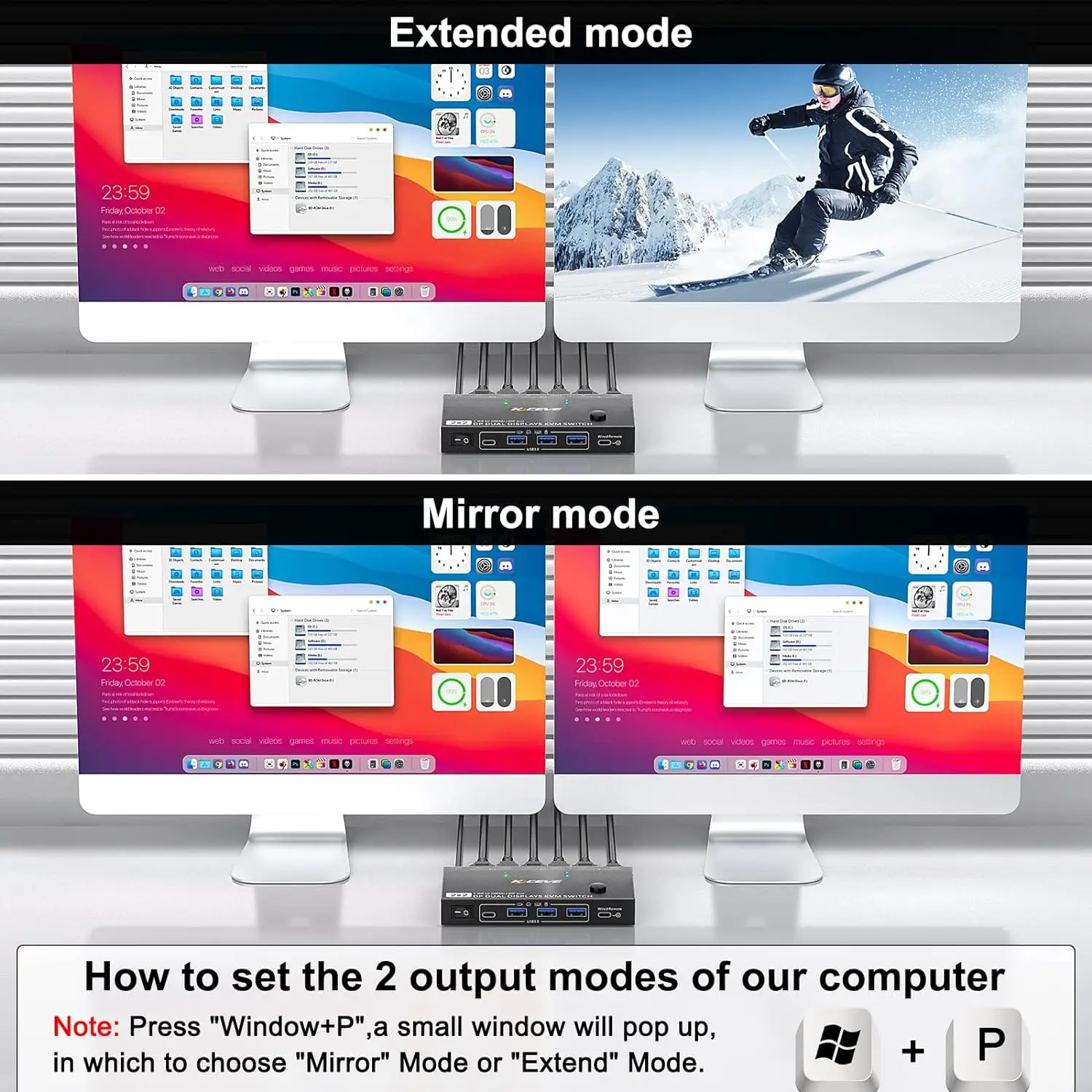 MST DisplayPort KVM Switch 2จอภาพคอมพิวเตอร์2เครื่อง4K @ 144Hz,(1 DP IN, DP + HDMI OUT), camgeet dual Monitor KVM Switch DisplayPort 1.4