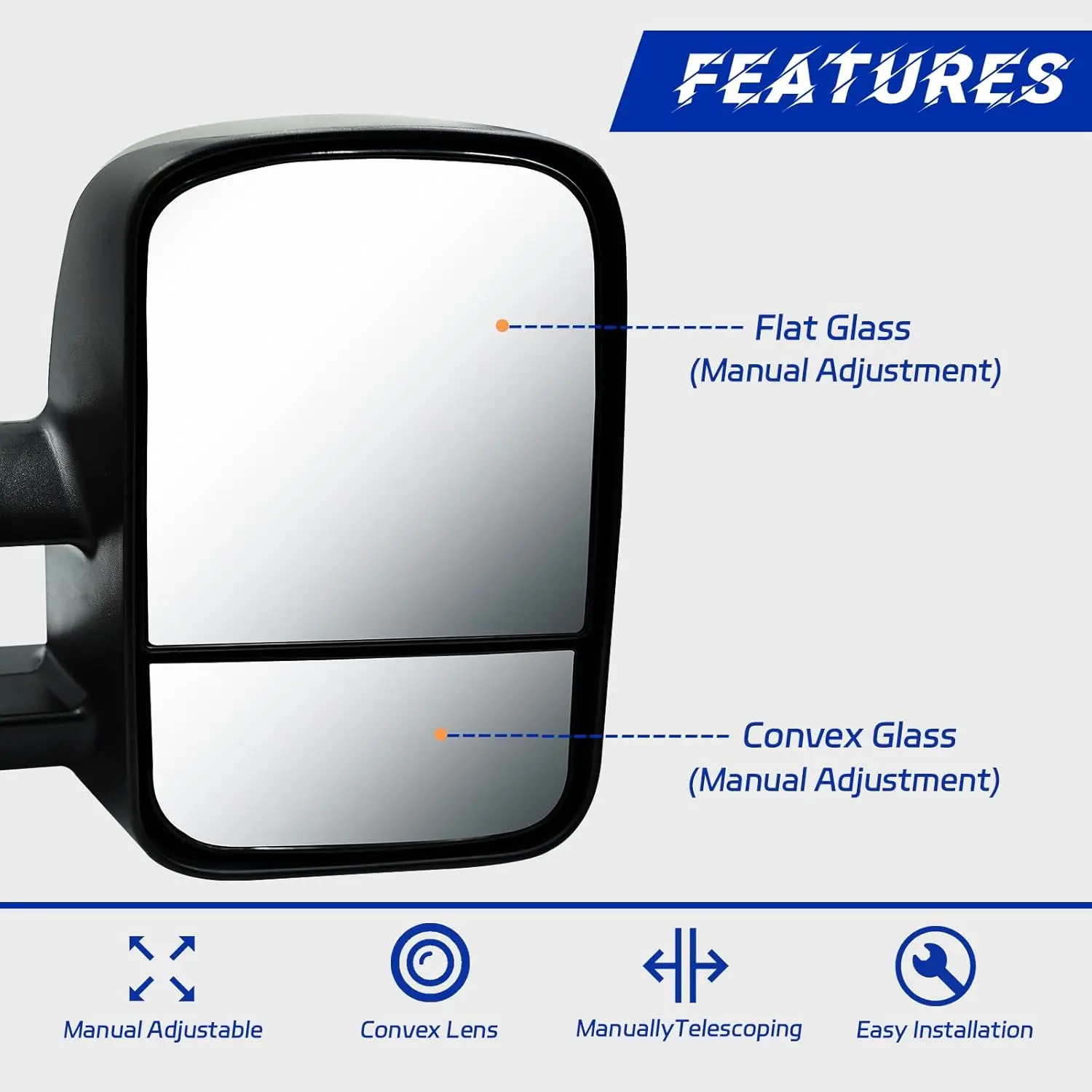Towing Application, Metal Material, No Color Specified, Manual Adjustment, Telescopic & Folding