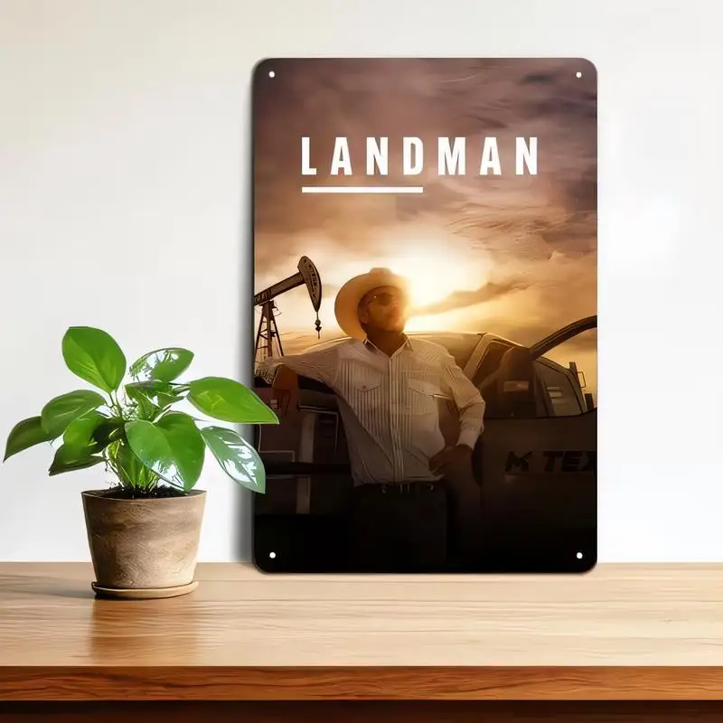 Vintage Metal Landman Sign - Western Sunset, Cowboy & Oil Pump Design, Iron Wall Art for Office, Study, Ranch Decor | Retro Oil