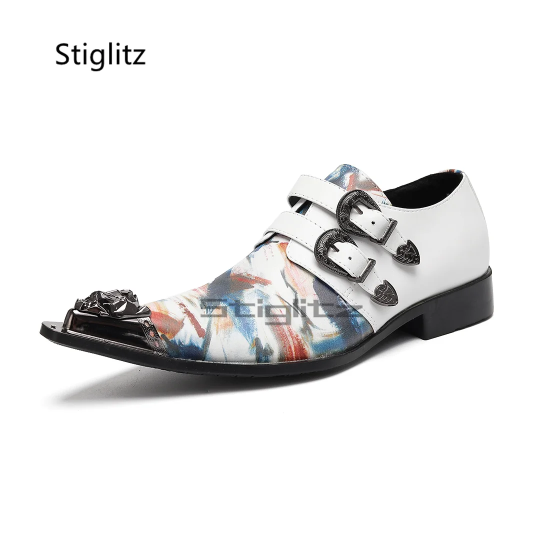 Graffiti Belt Buckle Men's Dress Shoes Trend British Style Patchwork Cow Leather Shoes Metal Pointed Toe Casual Business Shoes
