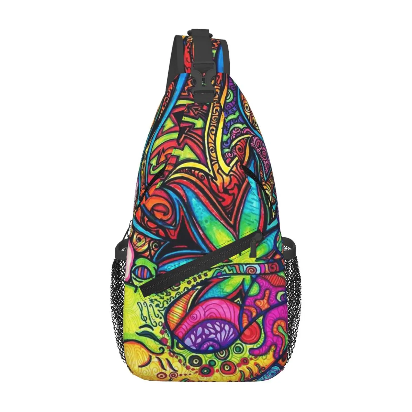 Psychedelic Trippy Rainbow Print Sling Backpack Chest Bag Waterproof Crossbody Travel Hiking Daypack for Women Men Shoulder Bag