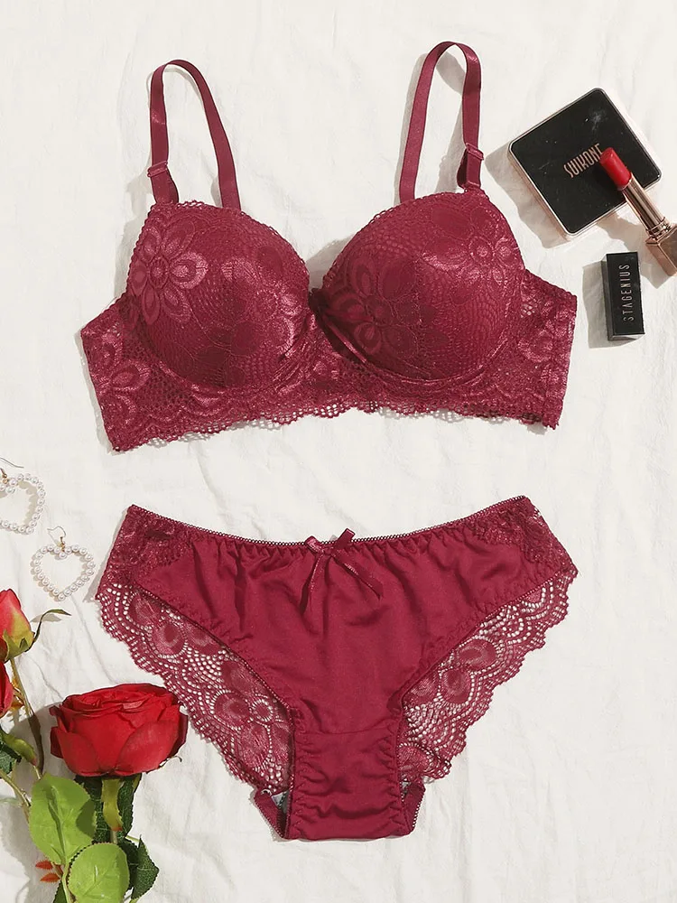 Lingeries Push Up à armatures pour femmes, vêtements floraux transparents, 2 pièces, A2ree