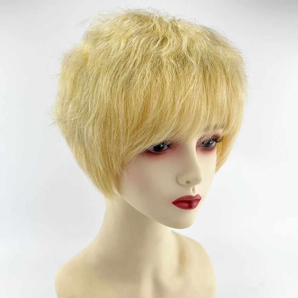 Human Hair Short Cut Wave Wigs Full Lace PU Front WIg With Bangs Silk Base Crown Body Wave Light Blonde #613 Swiss Lace