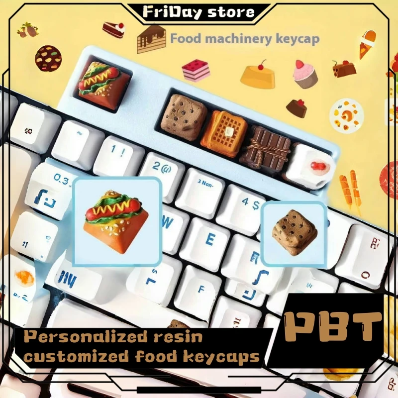 2024 Personalized Food Keycaps Hamburgers Chocolate Cakes Cookies Gourmet Toys Cross Axis Mechanical Keyboard Resin Keycaps