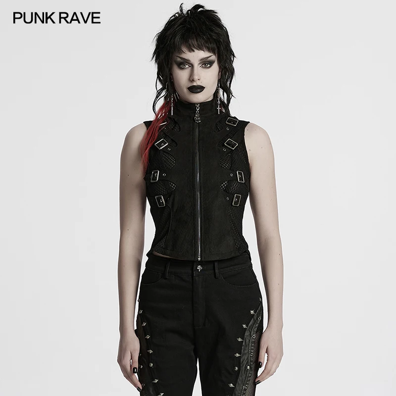 

PUNK RAVE Women's Punk Suede Textured Leather Skeleton Silhouette Vest Personality Handsome Cool Black Waistcoat Tops