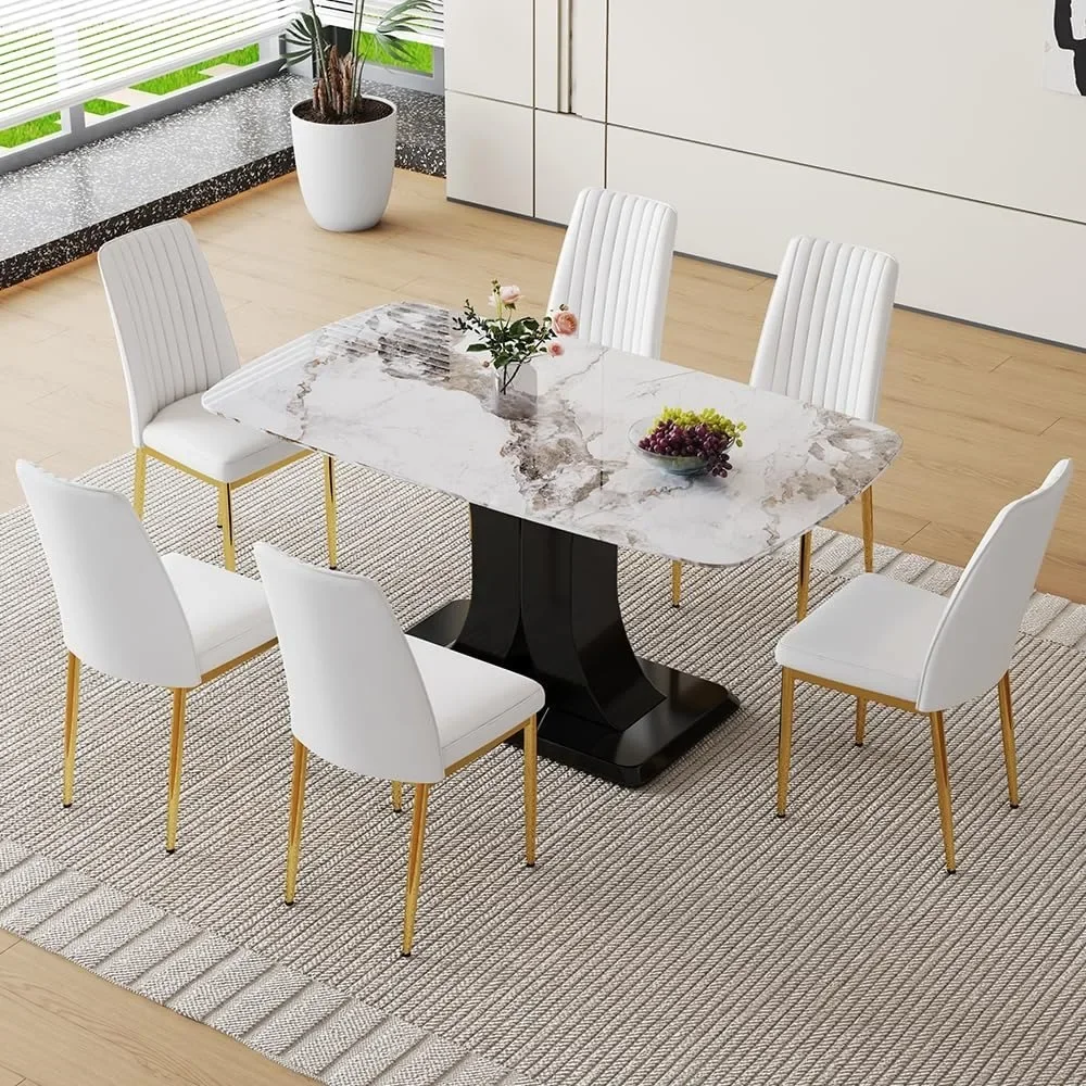 6-piece dining table set, marble rectangular kitchen table with PU leather cushioned dining chairs 6-piece set