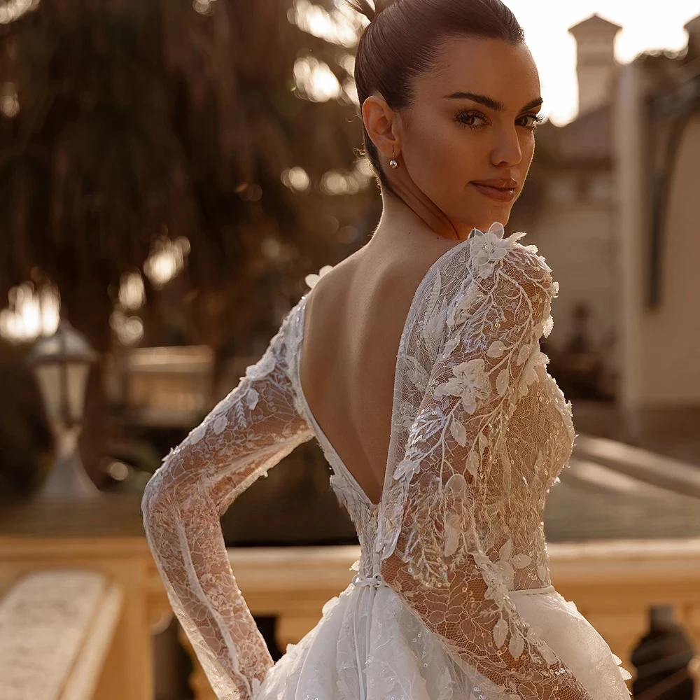 Elegant A Line O Neck Wedding Dress Sexy Backless Long Sleeve Bridal Gown Customized Lace Applique Sequins Beading Bride Dress