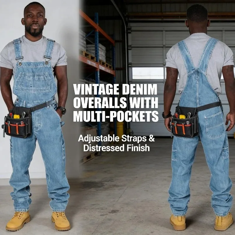 

Fashion Mens Denim Suspender Jeans Ripped Distressed Straight Leg Overalls Pants Casual Streetwear Denim Trousers