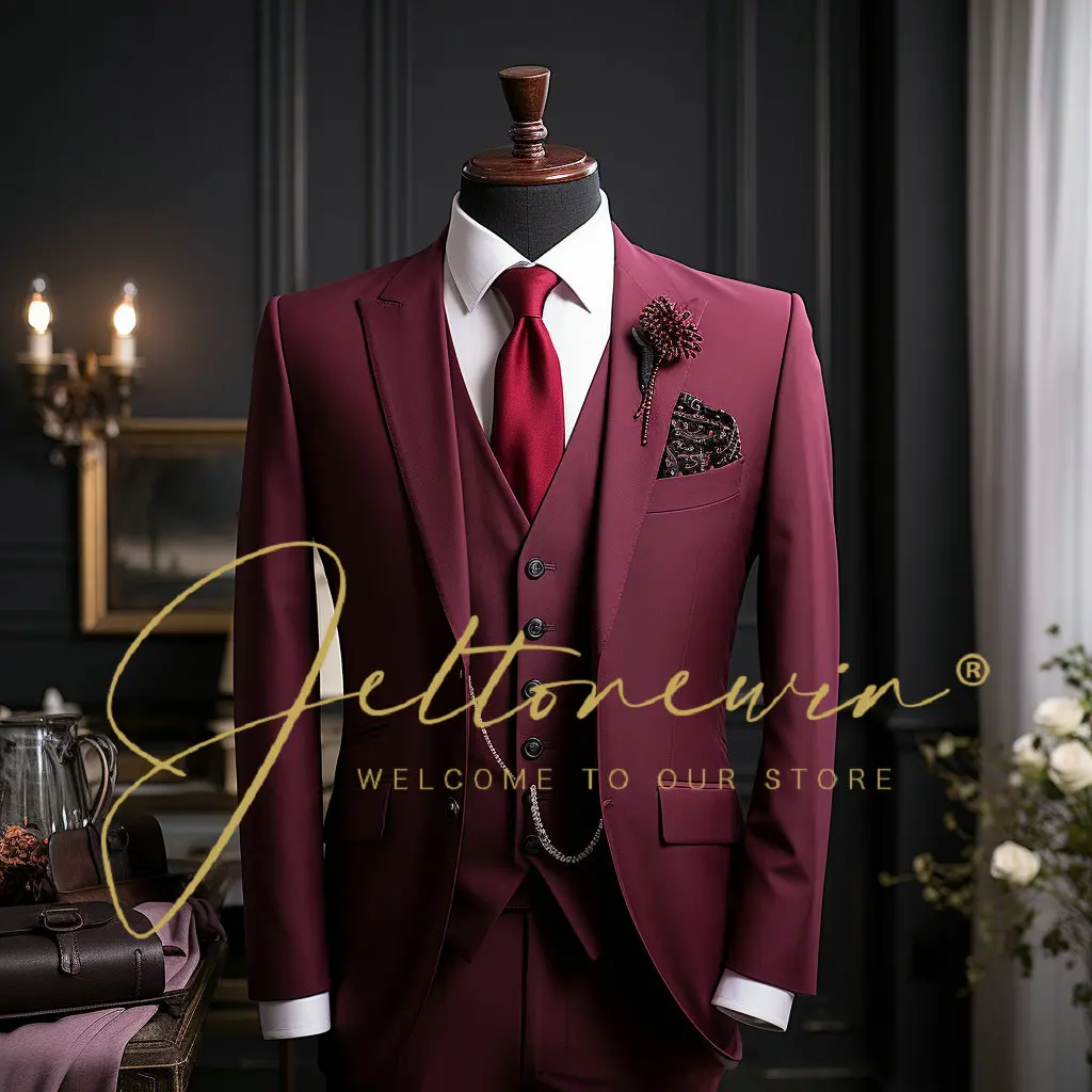 

Business Men Suit Burgundy 3 Pieces Slim Fit High Quality Suit For Wedding Party Prom Male Suits Costume Homme Suits For Men