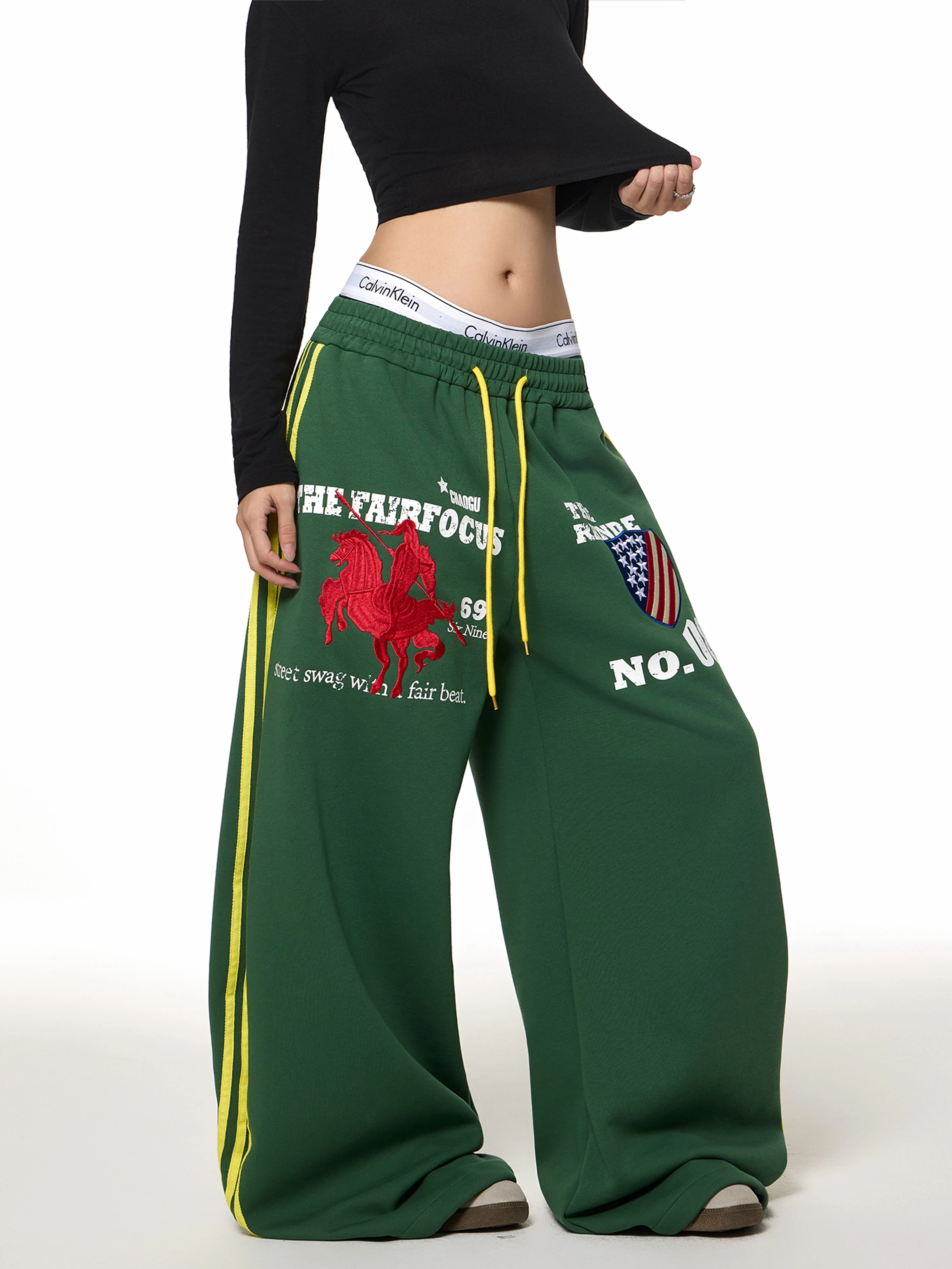 

American High Street Letter Print Embroidery Drawstring Sweatpants Loose Wide Leg Design Sense Swing Knife Jazz Dance Pants