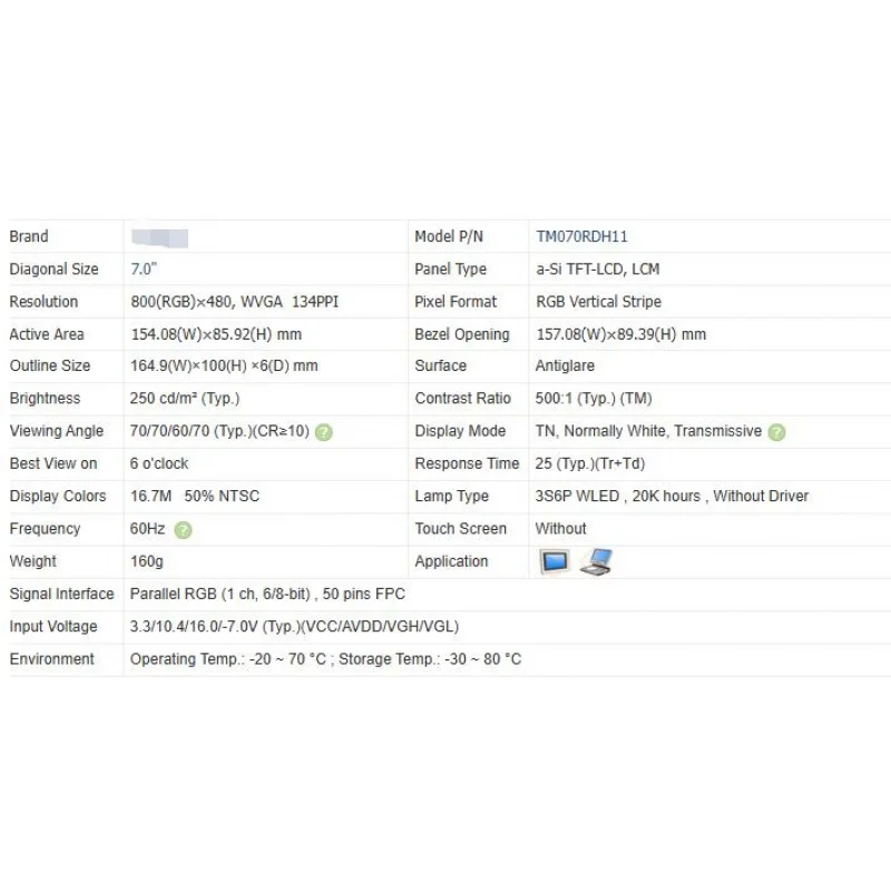 TM070RDH11 Nova tela LCD original de 7 polegadas