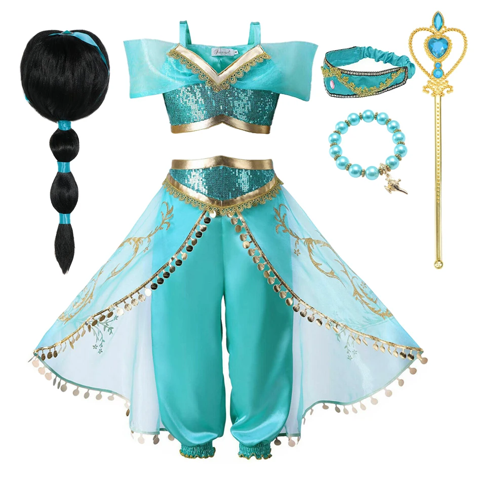 Disney 2024 Girls Jasmine Dress Aladdin Princess Magic Lamp Carnival Clothing Vestidos Halloween Party Cosplay Costume