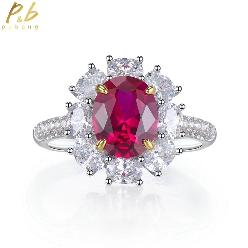 

PuBang Fine Jewelry 925 Sterling Silver Oval Ruby Gemstone Created Moissanit Sunflower Diamond Ring for Women Gift Drop Shipping