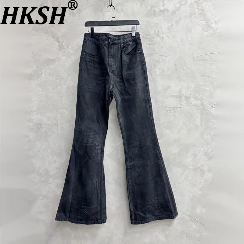 

HKSH Autumn New Man Dark Irregular Waxed Coated Jeans Personality Tide Punk Fashion Chic Floor-Length Flared Denim Pants HK13069
