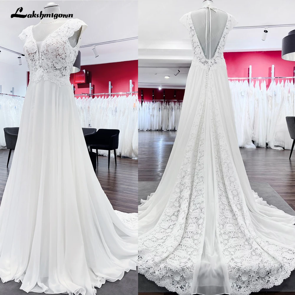 Lakshmigown Bohemia V-neck Lace Chiffon A-Line Wedding Dress Cape Sleeves Bridal Gown trouwjurk abito da sposa