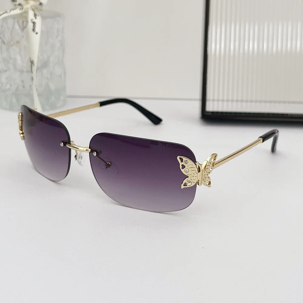 New Y2K Rimless Butterfly Square Sunglasses Women For Men Vintage Sun Glasses Luxury Brand Designer Steampunk Pink Shades UV400
